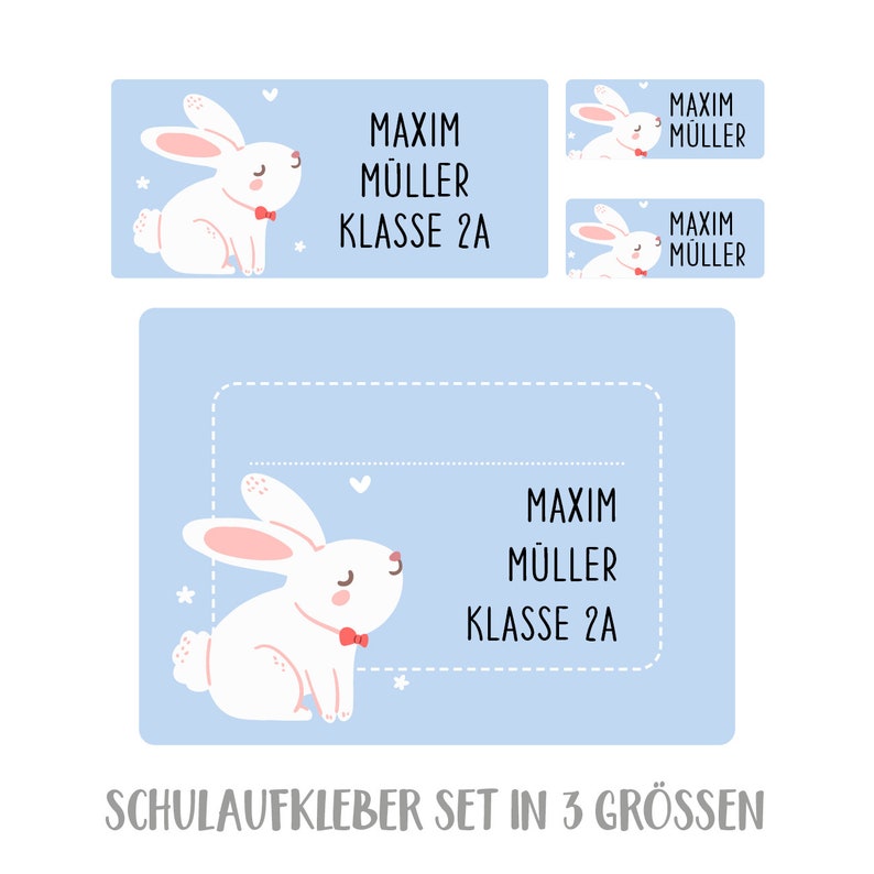 Personalized school sticker set rabbit Babyblau