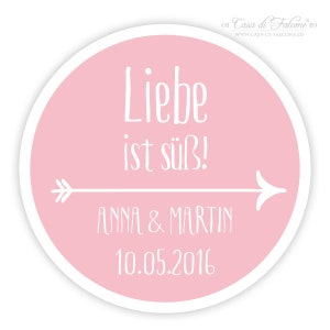 Gepersonaliseerde stickers bruiloft met naam en datum, pijl