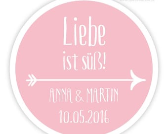 Personalisierte Aufkleber Hochzeit mit Namen & Datum, Pfeil