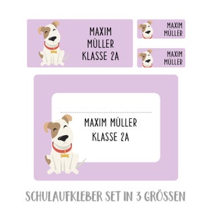 Namensaufkleber Set für die Schule Hund, personalisiert Lavendel