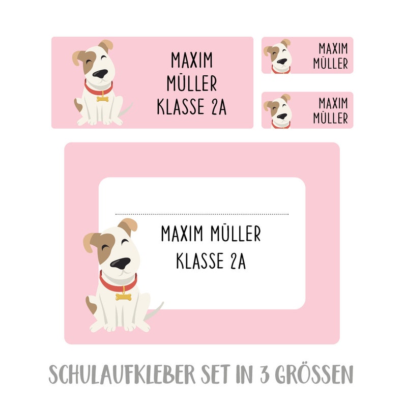 Namensaufkleber Set für die Schule Hund, personalisiert Rosa