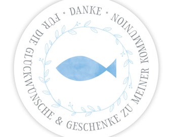 Sticker Kommunion Fisch "Danke für Glückwünsche und Geschenke"