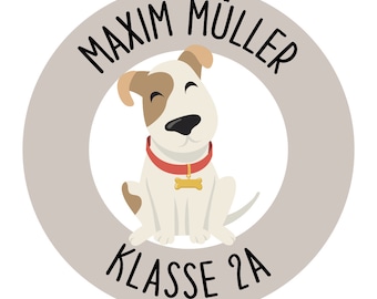 runde Namensaufkleber "Hund" für die Schule, personalisiert