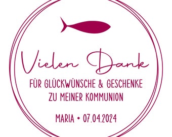 Personalisierter Stempel "Danke für Glückwünsche und Geschenke"  Kommunion I Taufe I Konfirmation Fisch, rund