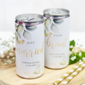 JGA/wedding label for Prosecco cans greenery gold