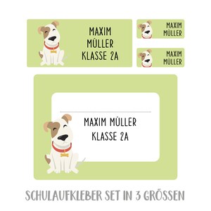 Namensaufkleber Set für die Schule Hund, personalisiert maigrün