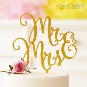 Cake topper wedding Mr & Mrs gold glitter image 1
