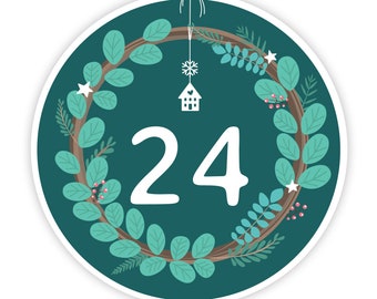 Adventskalender Zahlen Etiketten, Kranz modern