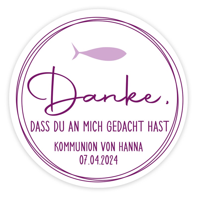 Personalized stickers for communion, baptism, confirmation, fish, modern Lila