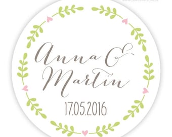 Personalized wedding stickers with name + date, tendril round