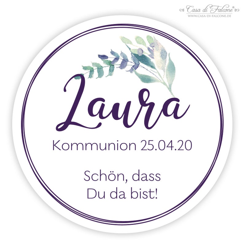 Personalized stickers for communion, leaf branch blue-purple image 3