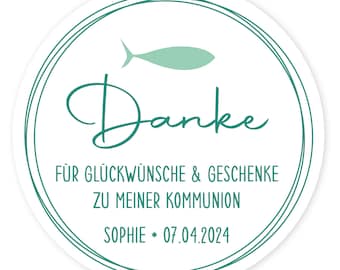 Personalisierte Aufkleber zur Kommunion Taufe Konfirmation Fisch, modern