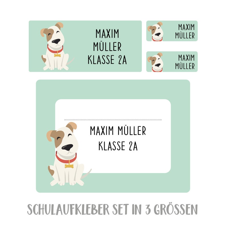 Namensaufkleber Set für die Schule Hund, personalisiert mint
