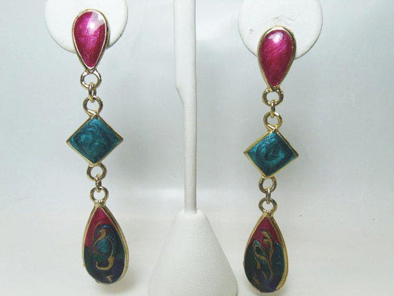 Enameled Dangle Pierced Earrings Art Deco Style Gold Tone Earrings