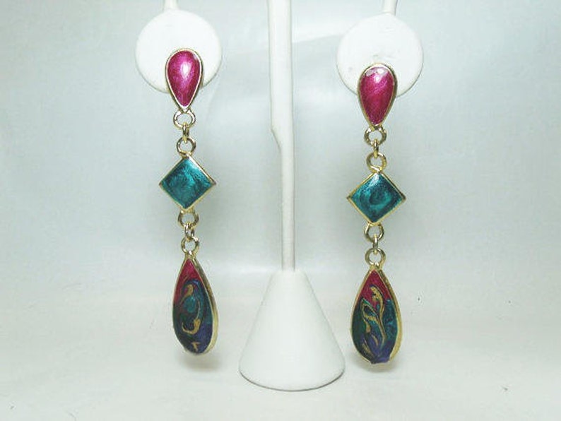 Enameled Dangle Pierced Earrings Art Deco Style Gold Tone Earrings