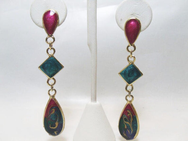 Enameled Dangle Pierced Earrings Art Deco Style Gold Tone Earrings
