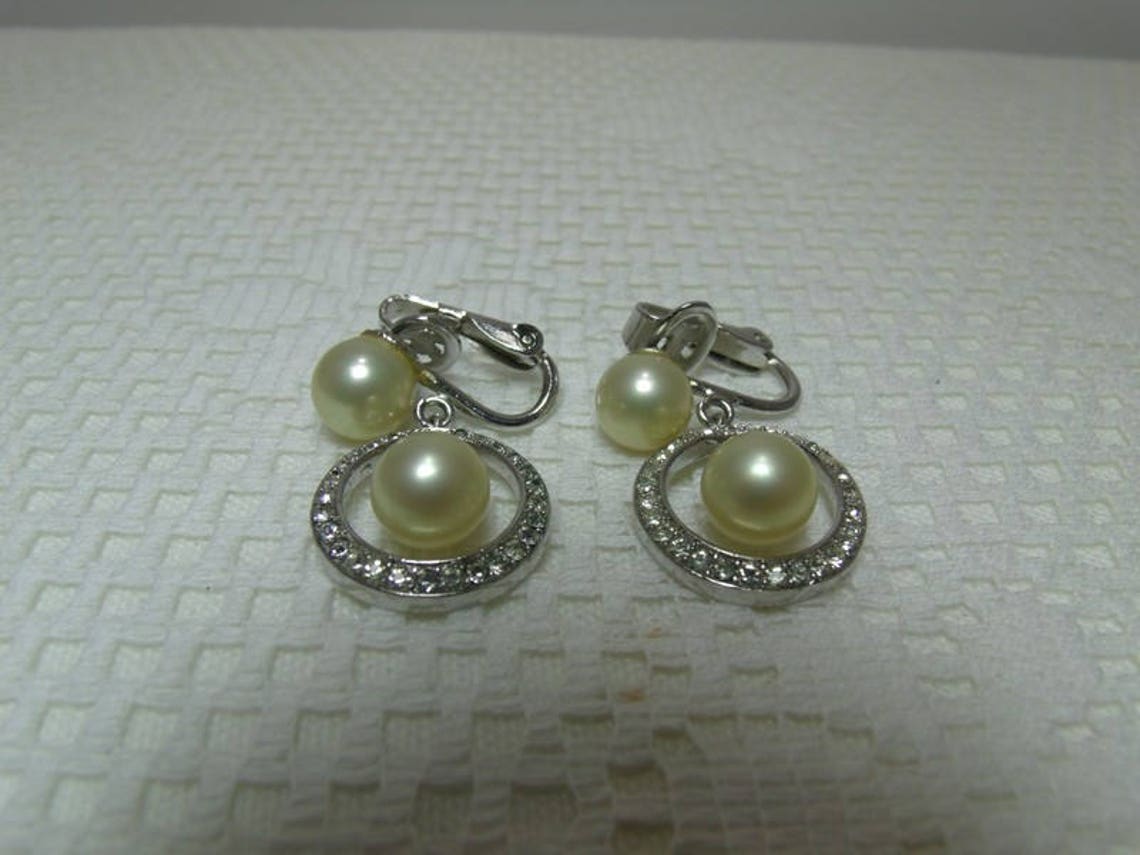 Trifari Pearl And Rhinestone Clip On Earrings / Silver Tone Etsy