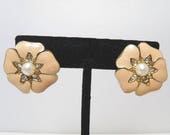 Trifari Hibiscus Pierced Earrings / Peach Enamel With Clear Rhinestones And A Center Faux Pearl / Gold Tone