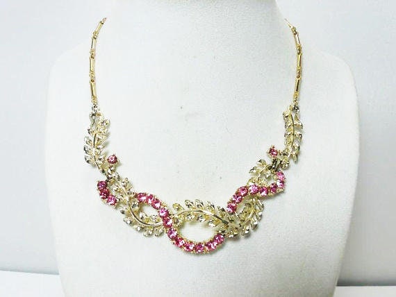 Coro Pink Rhinestone Bib Necklace / 1950's Choker necklace | Etsy
