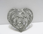 Rawcliffe Pewter Potpourri Lid Or Cover / Heart Shape Art Nouveau Style / Blooming Iris And Spring Flowers / Copyright 1989