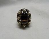 SALE  Vintage Chunky Ring Tigers Eye and Pearl with Antiqued Gold Tone
