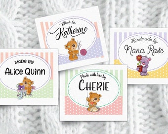 Fabric Labels or Tags, Bears that Sew in  Sew-on, Iron-on,  1.75"W x 1.5"H, Uncut, Your Name Added, 28 Per Sheet, Colorfast 100% Cotton