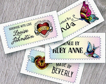 Custom Fabric Labels, Tags,  2.25"W x 1.125"H, Personalized, Custom Sizes, Custom, Tattoo-Style Art, 100% Cotton, Colorfast, Washable, Uncut