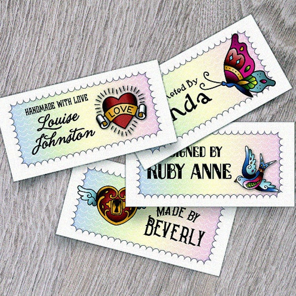 Custom Fabric Labels, Tags,  2.25"W x 1.125"H, Personalized, Custom Sizes, Custom, Tattoo-Style Art, 100% Cotton, Colorfast, Washable, Uncut