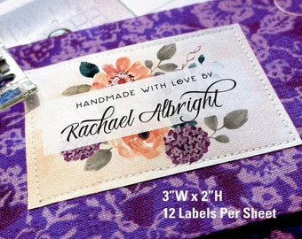 Custom fabric quilt labels, 3" x 2" (12) or 2.25" x 1.25" (24) personalized tag floral label printed on sew on or iron on. The perfect gift.