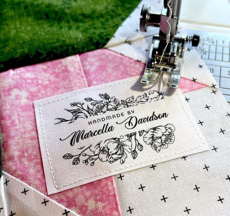 Custom fabric labels, 3 x 2 quilt tags, flat personalized tags, floral flower label in printed sew on or printed iron. The perfect gift. image 1