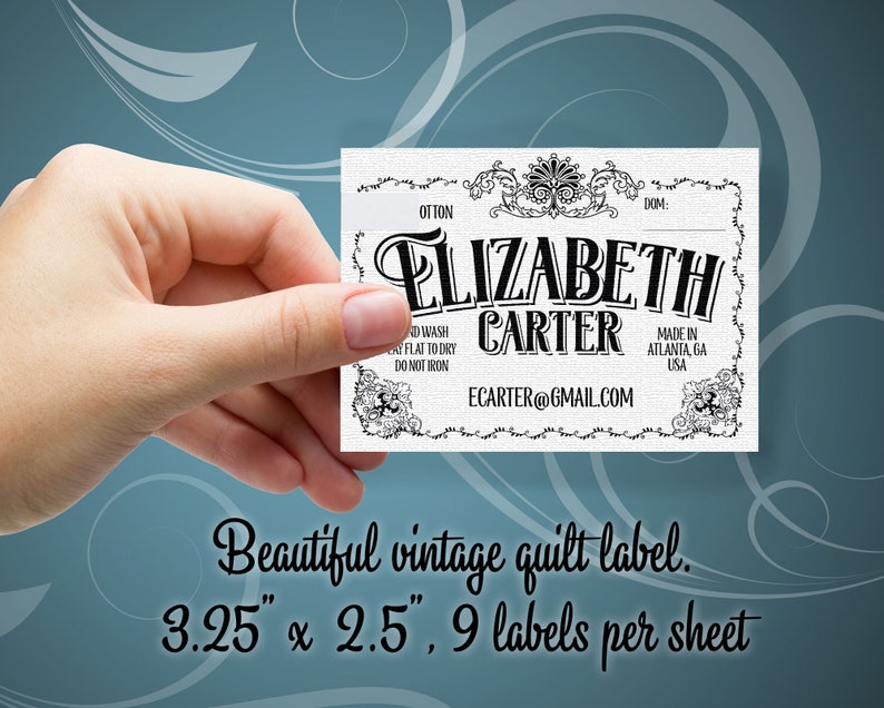 Custom Fabric Labels, Vintage Style, Care Added, 3.25'W x 2.5H, Uncut, Colorfast 100% Cotton, CPSIA Compliant, 9 Per Sheet image 2