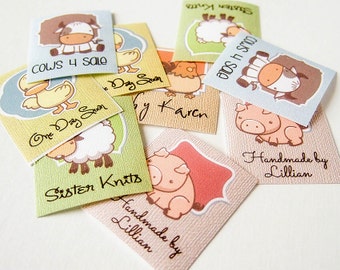 Cute Farm Animal Fabric Labels – 1.25 x 1.5″– Your Name Added – Custom Sizes, Fold-over or Flat – Textured Backgrounds – Colorfast – Uncut