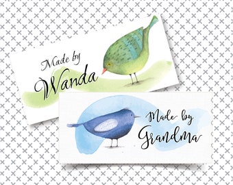 Fabric Labels, Three Little Watercolor Finches, Sew-on, Iron-on, 24 Labels per sheet,  2.25"W x 1.25"H, Uncut, Colorfast , Personalized Gift