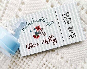 Fabric Labels with laundry icons. Add your logo art. Personalized sew or iron on tags. 2"W x 1.25"H, 30 per sheet. A proof is provided.