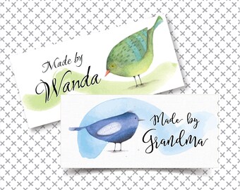 Fabric Labels, Three Little Watercolor Finches, Sew-on, Iron-on, 24 Labels,  2.25"W x 1.25"H, Uncut, Your Name Added, Colorfast 100% Cotton