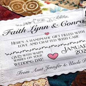 Wedding Gift Label Personalized for Handmade Wedding Quilts or Table Runner, 4.5W x 3.5H, Iron or Sew On Celebrate their Day With Handmade image 4