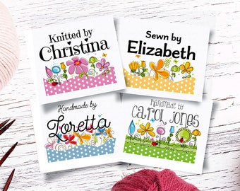 Custom Fabric Labels, Polka Dot Garden, 4 Styles, Iron on, Sew On, 1.5"W x 1.25"H, 40 Per Sheet, For Quilts, Crochet, Knitting, Uncut