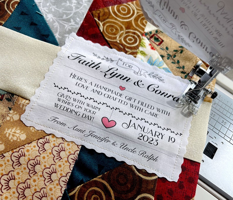 Wedding Gift Label Personalized for Handmade Wedding Quilts or Table Runner, 4.5W x 3.5H, Iron or Sew On Celebrate their Day With Handmade image 3