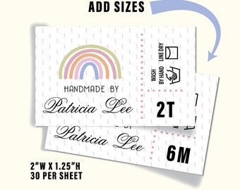 Custom Fabric Labels. Add your logo or add sizes to  sew on or iron on tags. 2"W x 1.25"H, 30 per sheet. A proof is provided. Care icons too