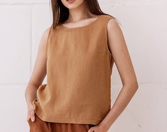 Linen crop top BLAST round neckline, natural linen tank top, toffee linen blouse, natural linen clothing.