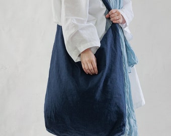 Cabas en lin bleu marine DAILY, grand sac à bandoulière, sac oversize en lin, sac shopping en lin, accessoires femme, sac de plage en lin.