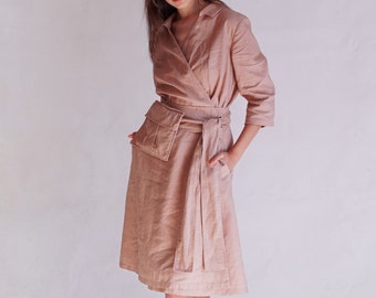 Pink linen wrap dress with decorative pocket, Spring linen midi dress, Tie waist dress, Elegant MIDDAY wrap dress.