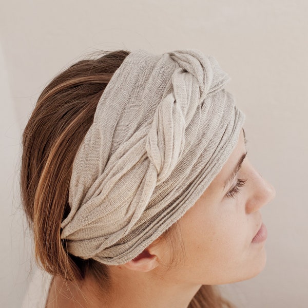 Bandeau en gaze de lin 35 x 170 cm, turban en lin naturel pour femme, mini-écharpe en lin.