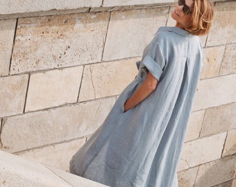 Linen button shirt dress blue sky, linen summer dress, long loose fit linen shirt dress with pockets.