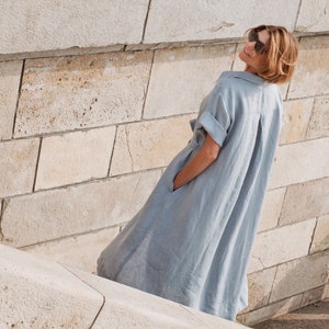 Linen button shirt dress blue sky, linen summer dress, long loose fit linen shirt dress with pockets.