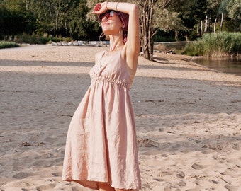 Linen Dress with Open Back and Pockets, Powder Pink Loose Sleeveless Dress, Linen Summer Dress