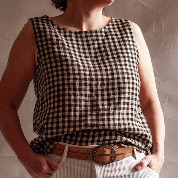 Checks linen sleeveless top BLAST, linen crop top round neckline, loose linen tank top, linen blouse, summer top.