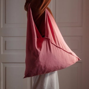 Light coral natural linen shopping bag ORIGAMI, linen beach bag, linen tote bag, large shoulder bag, woman accessories, beach bag. image 2
