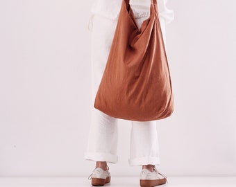 Rusty Brown Linen Tote Bag DAILY, Large Shoulder Bag, Linen Oversize Bag, Linen Shopping Bag, Woman Accessories, Gift for Her Him.