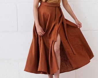 Maxi Linen Wrap Skirt with Deep Side Pocket WILD, A - Line Washed Linen Skirt in Rust Brown, Long Linen Wrap Skirt, One Size Linen Skirt